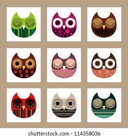 Vector owl set, cute owls, bird