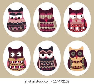 Vector owl set, cute owls, bird