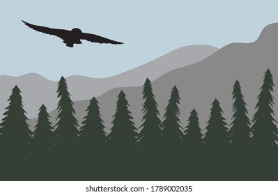 Vector owl silhouette isolated on flat cartoon landscape with spruce tree forest and mountains