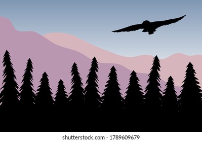 Silhouette de búho vectorial aislada en el paisaje de dibujos animados planos de colores con bosque de abetos y montañas