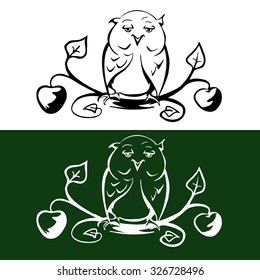 Vector owl sitting on a branch. A symbol of wisdom and education. Bird isolated on white background.
