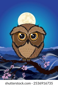 Vector Owl sitting upon a tree branch with a large moon rising in the background