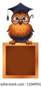Vector owl in a square academic cap and in glasses, perching atop a school chalkboard
