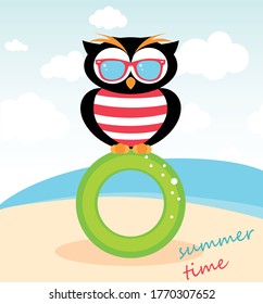 Vector owl in summer clothes on a background of the sea