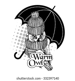 Vector owl in a warm hat and scarf. Owlet with umbrella. Autumn, rain, clothes. White and black.