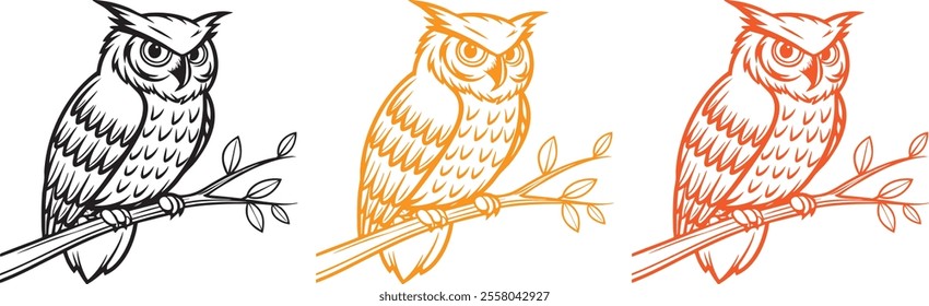 A vector of an owl with wide, piercing eyes, intricate feather details, and talons gripping a branch. Black and white line art.