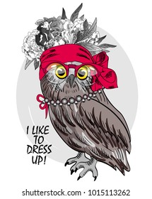 Vector owl with wreath, red glasses and necklace. Hand drawn illustration of owl. 
