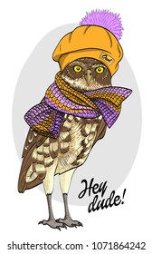 Vector owl with yellow knitted hat and scarf. Hand drawn illustration of dressed owl. 
