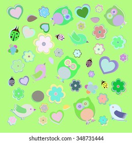 vector owls, birds, flowers, ladybugs on invitation background
