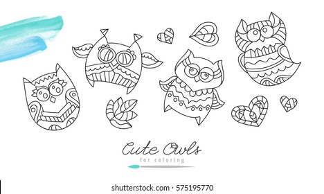vector owls for coloring, set of cute hand drawn owls, hearts and leaves