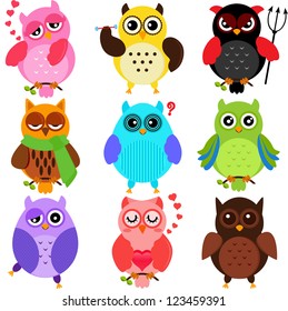 Vector of Owls with different characters. A set of cute and colorful icon collection isolated on white background