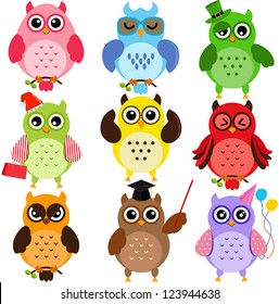 Vector of Owls with different characters. A set of cute and colorful icon collection isolated on white background