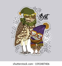 Vector owls with hats, scarves and flowers. Illustration of dressed eagle owls. Print on T-shirts, bags and other fashion products. Design children's clothing and accessories. 