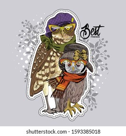Vector owls with hats, scarves and flowers. Illustration of dressed eagle owls. Print on T-shirts, bags and other fashion products. Design children's clothing and accessories. 
