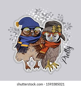 Vector owls with hats, scarves and flowers. Illustration of dressed eagle owls. Print on T-shirts, bags and other fashion products. Design children's clothing and accessories. 