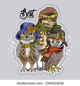 Vector owls with hats, scarves and flowers. Illustration of dressed eagle owls. Print on T-shirts, bags and other fashion products. Design children's clothing and accessories. 