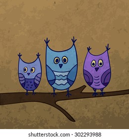Vector owls illustration. Hand drawn doodle owls sitting on branch.