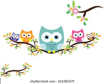 Vector owls on a branch. 