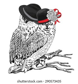 Vector  owls branch in hat and flower  White  black  red  Painted hands 