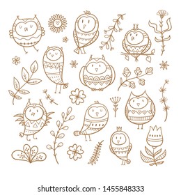 Vector owls and plants set. Group of cute cartoon birds. Vector contour image no fill.