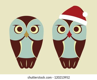 Vector Owls In Red Santa`s Hat