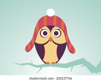 Vector Owls In Red Striped Hat With Bubo