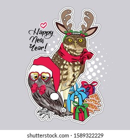 Vector owls - santas with a red cap, glasses, scarf, presents and christmas horns. Hand drawn illustration of dressed owls. Happy New Year.