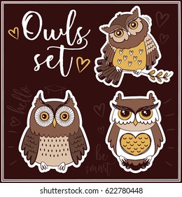 Vector owls. Set of cute owls. Hand drawn cartoon illustration. Freehand doodles. 