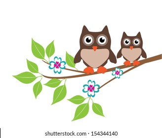 vector owls sitting in the tree branch