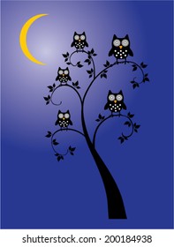 vector owls sitting in the tree in the moonlight