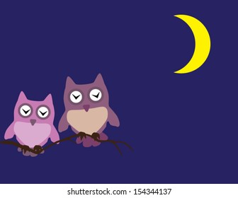 vector owls sleeping in the tree in the moonlight