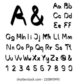 Vector own black font alphabet - simple letters and numbers, ampersand and at-sign symbol