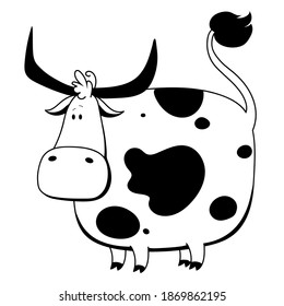 Vector Ox. Hand drawn cute cow. Chinese new year 2021 symbol -  year of the ox. Line funny bull  illustration isolated on white
