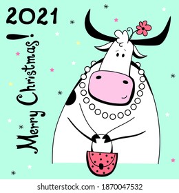Vector Ox. Hand drawn cute cow. Chinese new year 2021 symbol -  year of the bull. Funny bull  vector illustration 