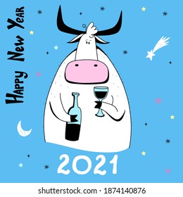 Vector Ox. Hand drawn cute cow. Chinese new year 2021 symbol -  year of the bull. Funny bull  vector illustration 