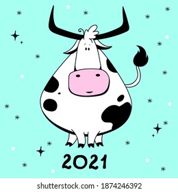 Vector Ox. Hand drawn cute cow. Chinese new year 2021 symbol -  year of the bull. Funny bull  vector illustration 