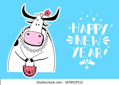 Vector Ox. La mano dibujó una linda vaca. Símbolo chino del año nuevo 2021 - año del toro. Graciosa ilustración portadora de toros