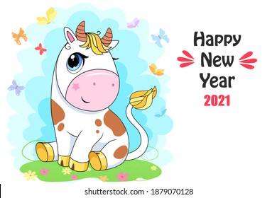 Vector Ox. Hand drawn cute cow. Chinese new year 2021 symbol - year of the bull. Funny bull vector illustration