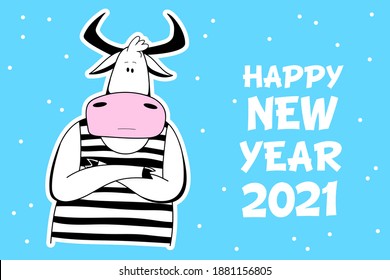 Vector Ox. La mano dibujó una linda vaca. Símbolo chino del año nuevo 2021 - año del toro. Graciosa ilustración portadora de toros