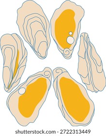 Padrão de ostra vetorial no estilo italiano de "la dolce vita". Adequado para murais de parede, convites, design de menu e impressões decorativas. Adesivos, frutos do mar mediterrânicos, prateleiras de ostras de pérolas, comida deliciosa.