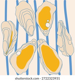Patrón de ostras de Vector en el estilo italiano de "la dolce vita". Adecuado para murales de pared, invitaciones, diseño de menú y estampados decorativos. Pegatinas, Mariscos mediterráneos, estantes de ostras de perlas, delicioso