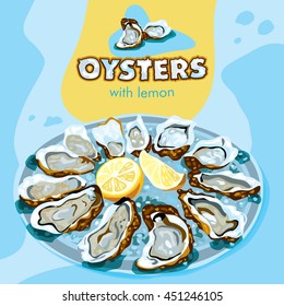 Vector oysters with lemon on plate