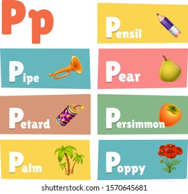vector P letter with pictures and words with P
