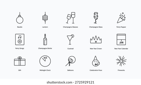 Vector pack of 15 line icons based on New Year festivities. Suited for embellishing holiday-themed designs. Icons are Celebration Face, Fireworks, Champagne Glasses, Champagne Bottle, Party Songs, New Year Calendar, Midnight Clock, Party Popper, New Year Crown, Lantern, Balloons, Bauble, Cocktail, Gift