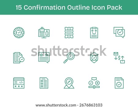 Vector pack with 15 Outline icons inspired by Confirmation, ideal for scalable and creative design work.