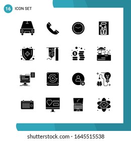 Vector Pack of 16 Glyph Symbols. Solid Style Icon Set on White Background for Web and Mobile.