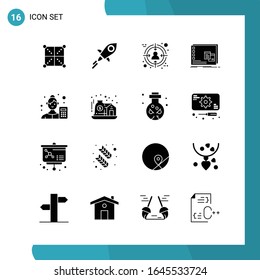 Vector Pack of 16 Glyph Symbols. Solid Style Icon Set on White Background for Web and Mobile.
