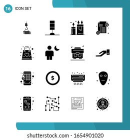 Vector Pack of 16 Glyph Symbols. Solid Style Icon Set on White Background for Web and Mobile.