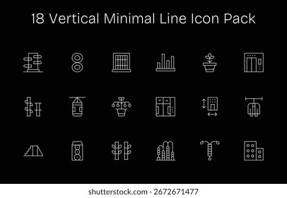 Vektorgrafik mit 18 Symbolen der Minimal Line, inspiriert von Vertical, ideal für skalierbare und kreative Designarbeiten.