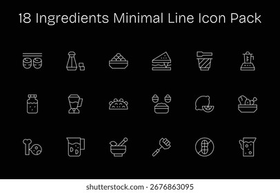 Vector pack with 18 Minimal Line icons inspired by Ingredients, ideal for scalable and creative design work.